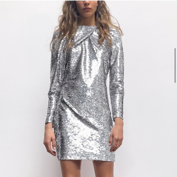ZARA | Glitter Long Sleeve Fold Over Sequin Mini Dress Size Medium ✨ ✨ - Picture 1 of 13